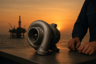 Turbocharger on a workbench with an offshore oil rig at sunset.