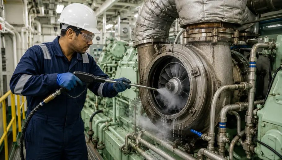 Marine engineer performing turbocharger compressor water washing in ship engine room