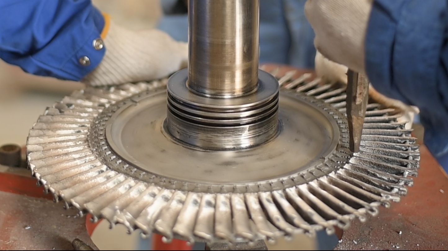 Damaged marine turbocharger turbine blade inspection during offshore repair and maintenance service