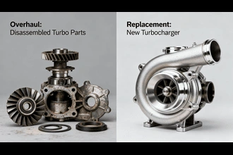 Split infographic: left shows disassembled turbo parts (overhauling); right shows new turbo (replacement)